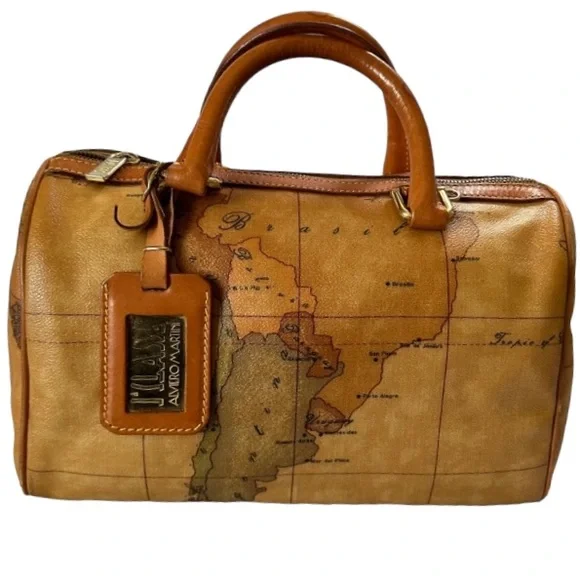 Alviero Martini (Preloved Geo Map Print Classic Boston Bag - Picture 6 of 12